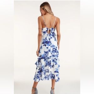 Island Time Blue and White Floral Print Ruffled Midi Dress